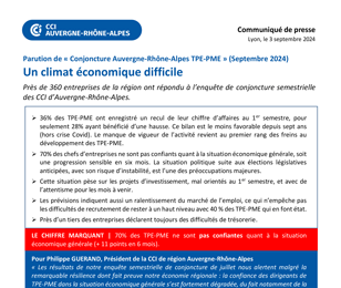 Conjoncture Auvergne-Rhône-Alpes - TPE PME - Un climat économique difficile - septembre 2024